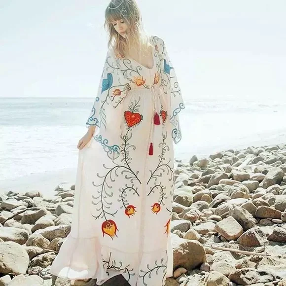 5 Star ⭐️ Favorite Boho Embroidered Hearts Magic Kimono Long Maxi Gown In White - Picture 5 of 15